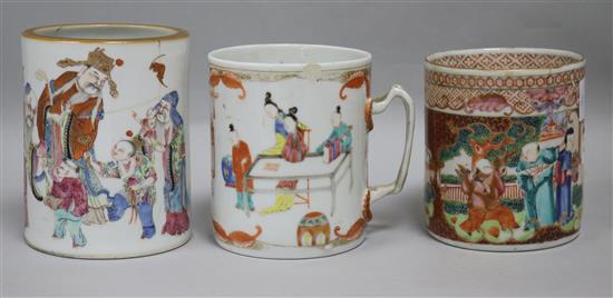 Two 18th century famille rose mugs and a Daoguang brush pot